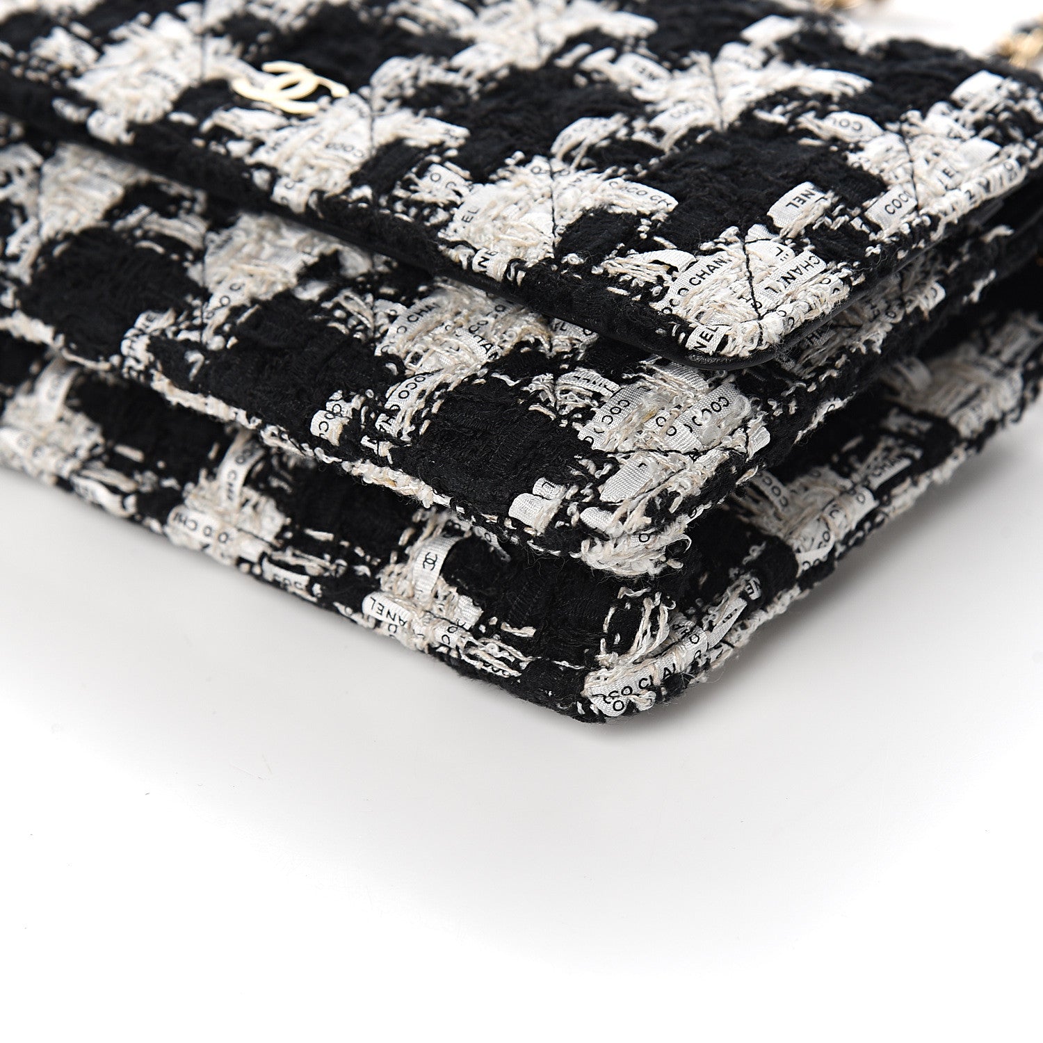 Chanel Tweed Quilted Wallet On Chain WOC Black Ecru White 9 of 11