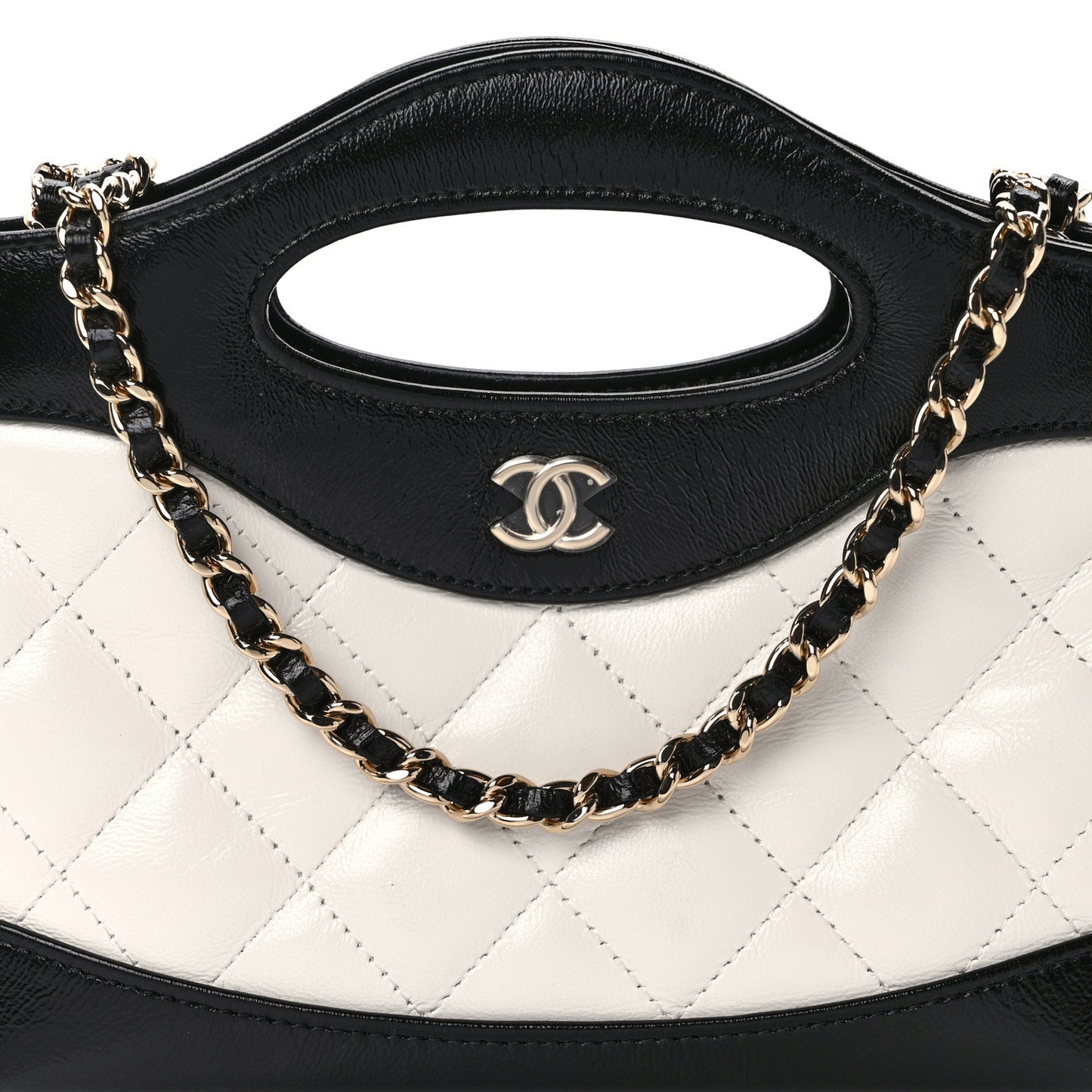 Shiny Crumpled Calfskin Quilted Nano 31 Shopping Bag White Black