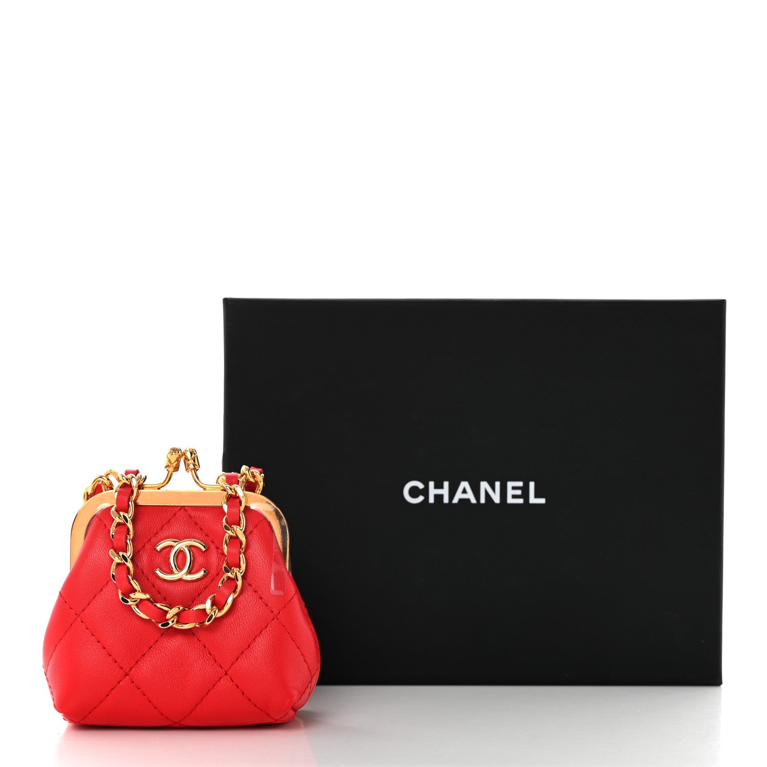 Chanel Lambskin Quilted Mini Kiss Lock Clutch With Chain Red 10 of 10