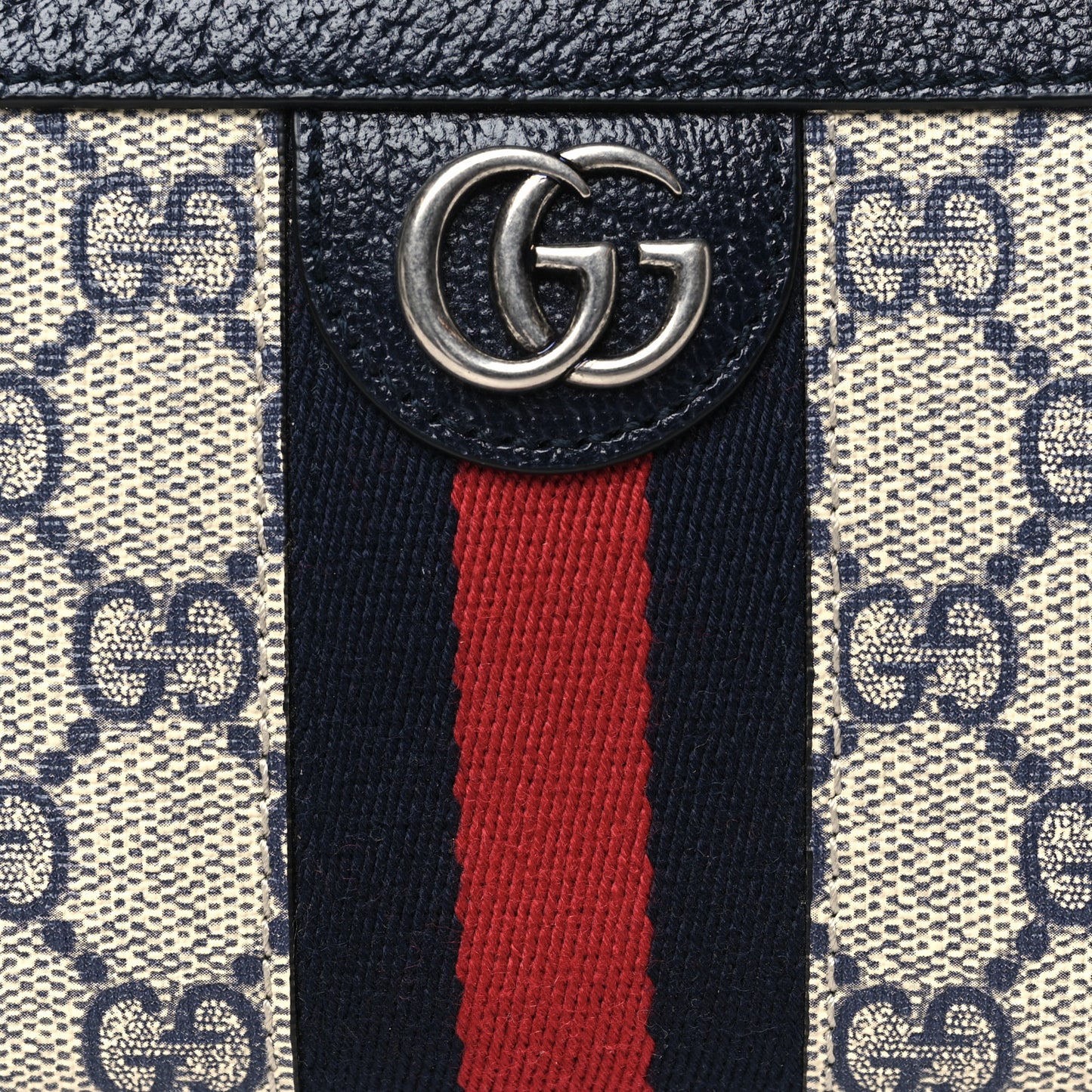 GG Supreme Monogram Textured Dollar Calfskin Web Ophidia Zip Around Wallet Beige Blue