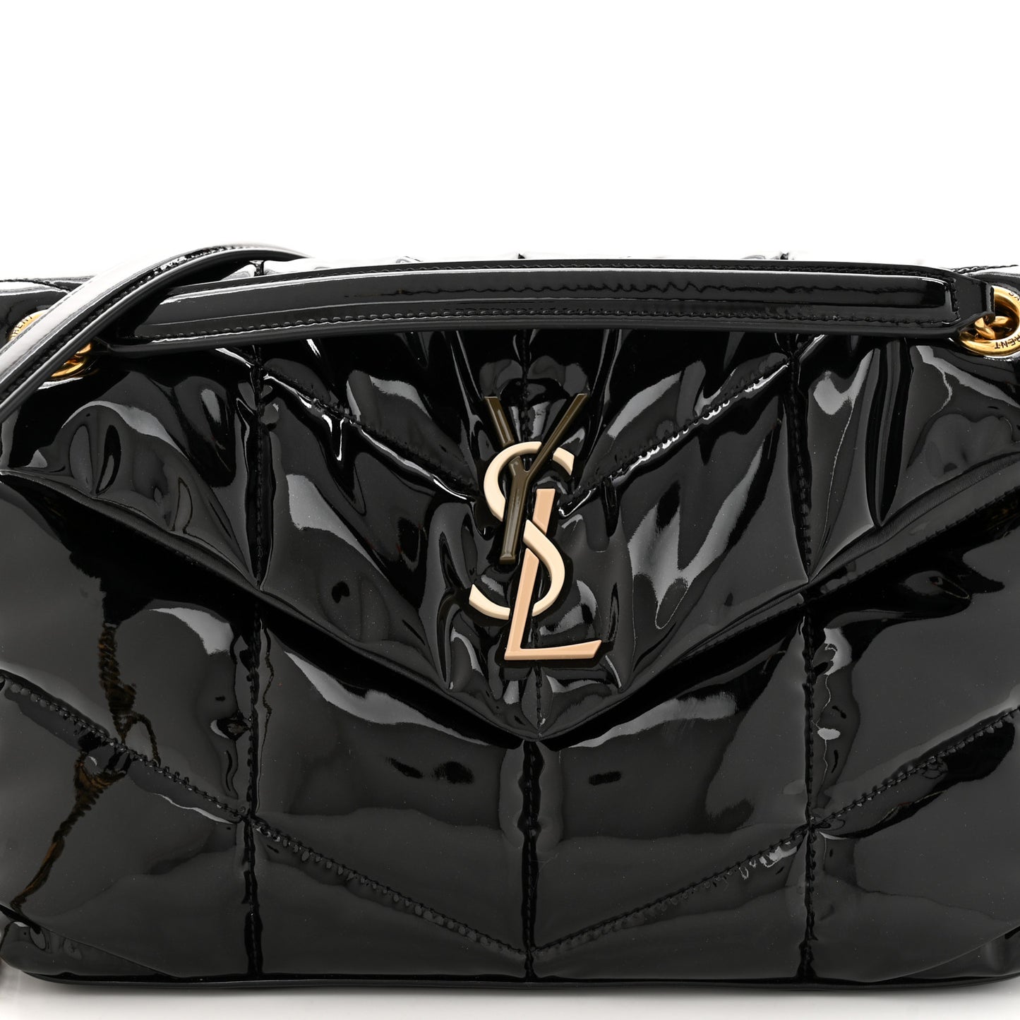 Patent Quilted Small Loulou Puffer Monogram Chain Satchel Black