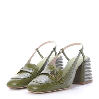 Fendi Calfskin Crocodile Embossed Promenade Slingback Loafer Pumps 38.5 Military Green 3 of 12
