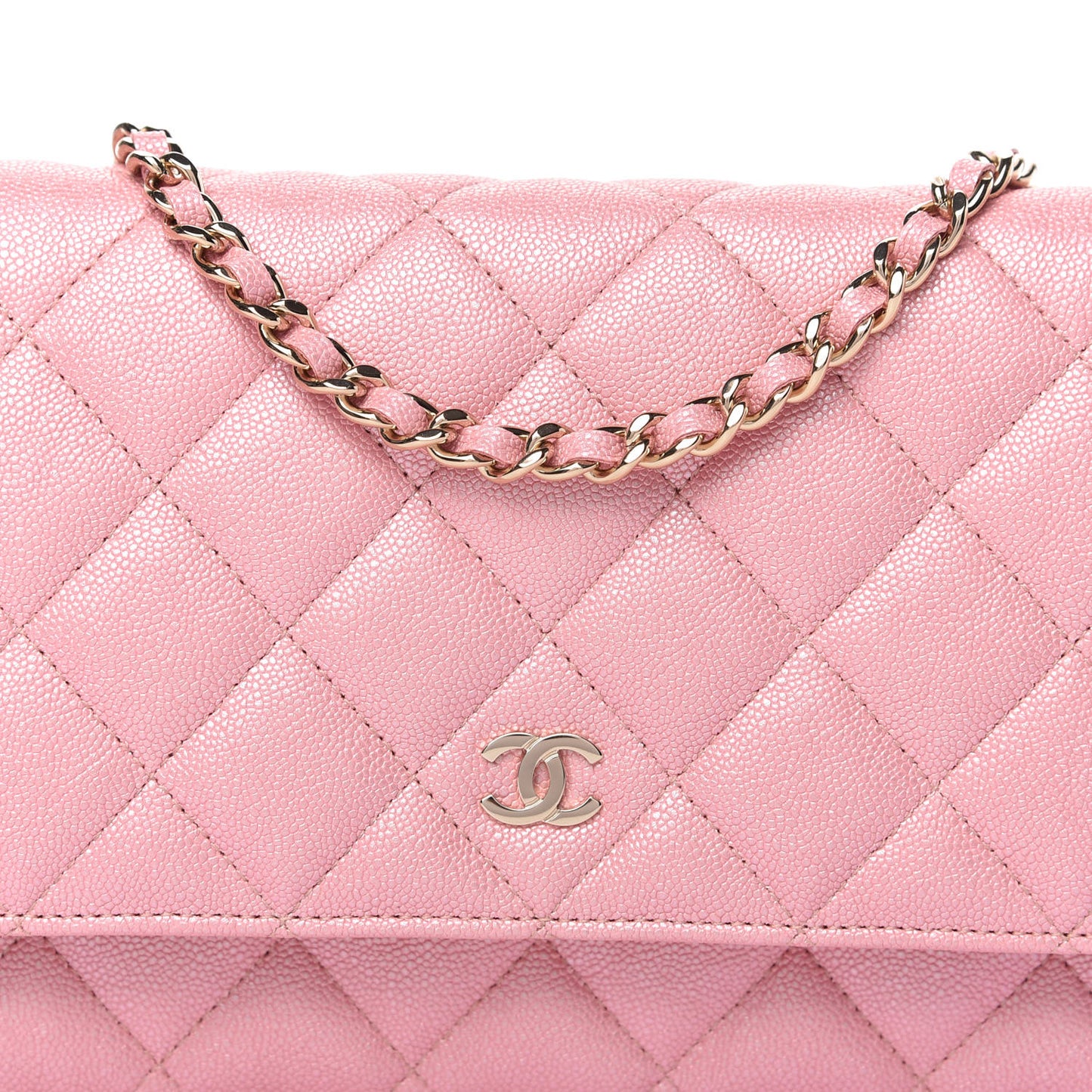 Iridescent Caviar Quilted Wallet on Chain WOC Rose Pink