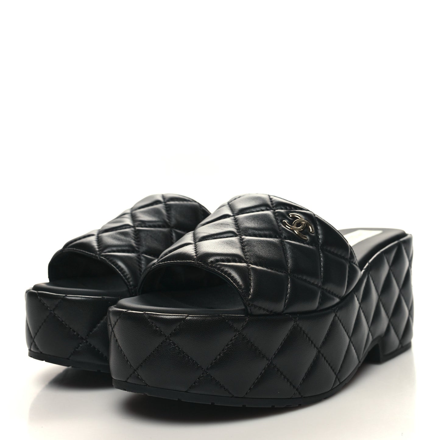 Lambskin Quilted CC Mules Wedge Sandals 39 Black