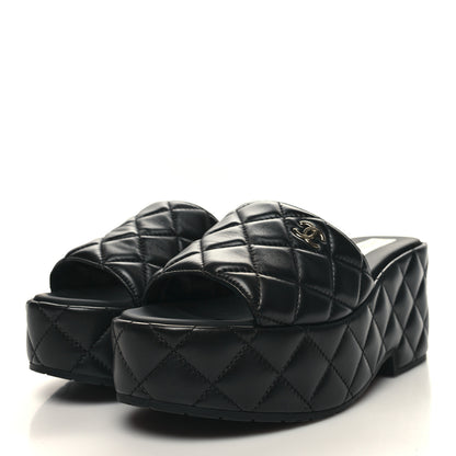 Chanel Lambskin Quilted CC Mules Wedge Sandals 39 Black 3 of 9