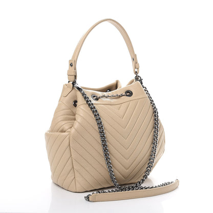 Chanel Deerskin Chevron Medium CC Chain Bucket Drawstring Bag Beige 3 of 7