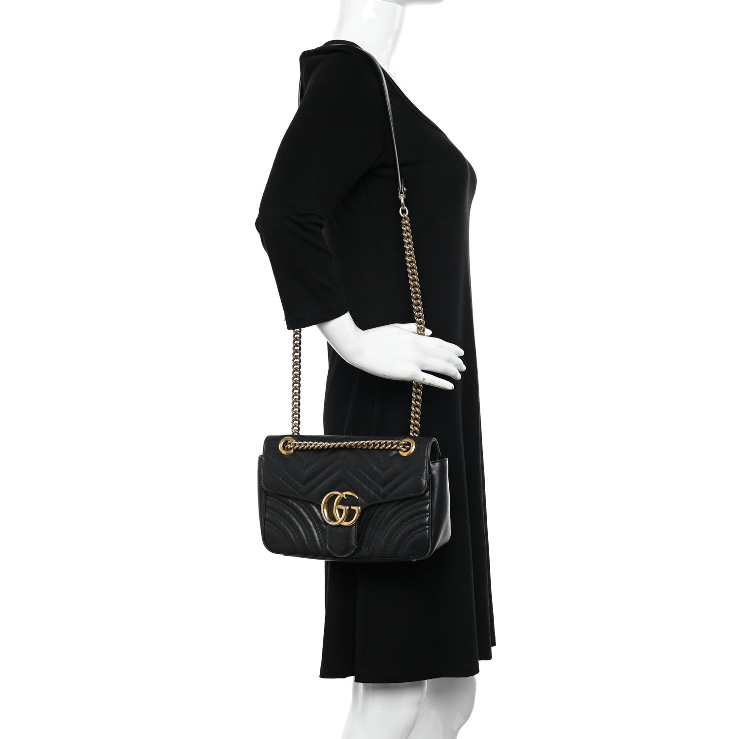 Gucci Calfskin Matelasse Small GG Marmont Shoulder Bag Black 2 of 13