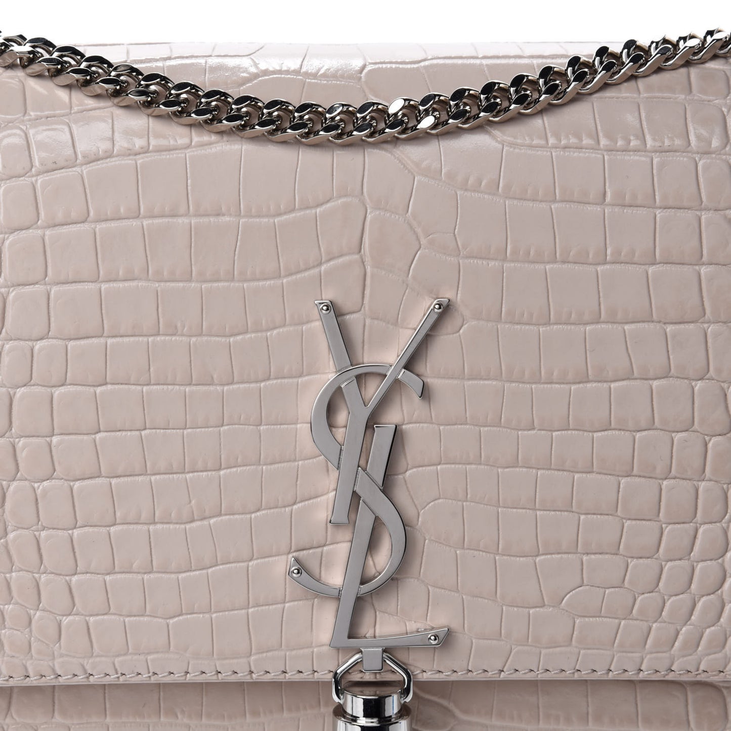 Calfskin Crocodile Embossed Medium Classic Monogram Kate Tassel Satchel Powder Pink