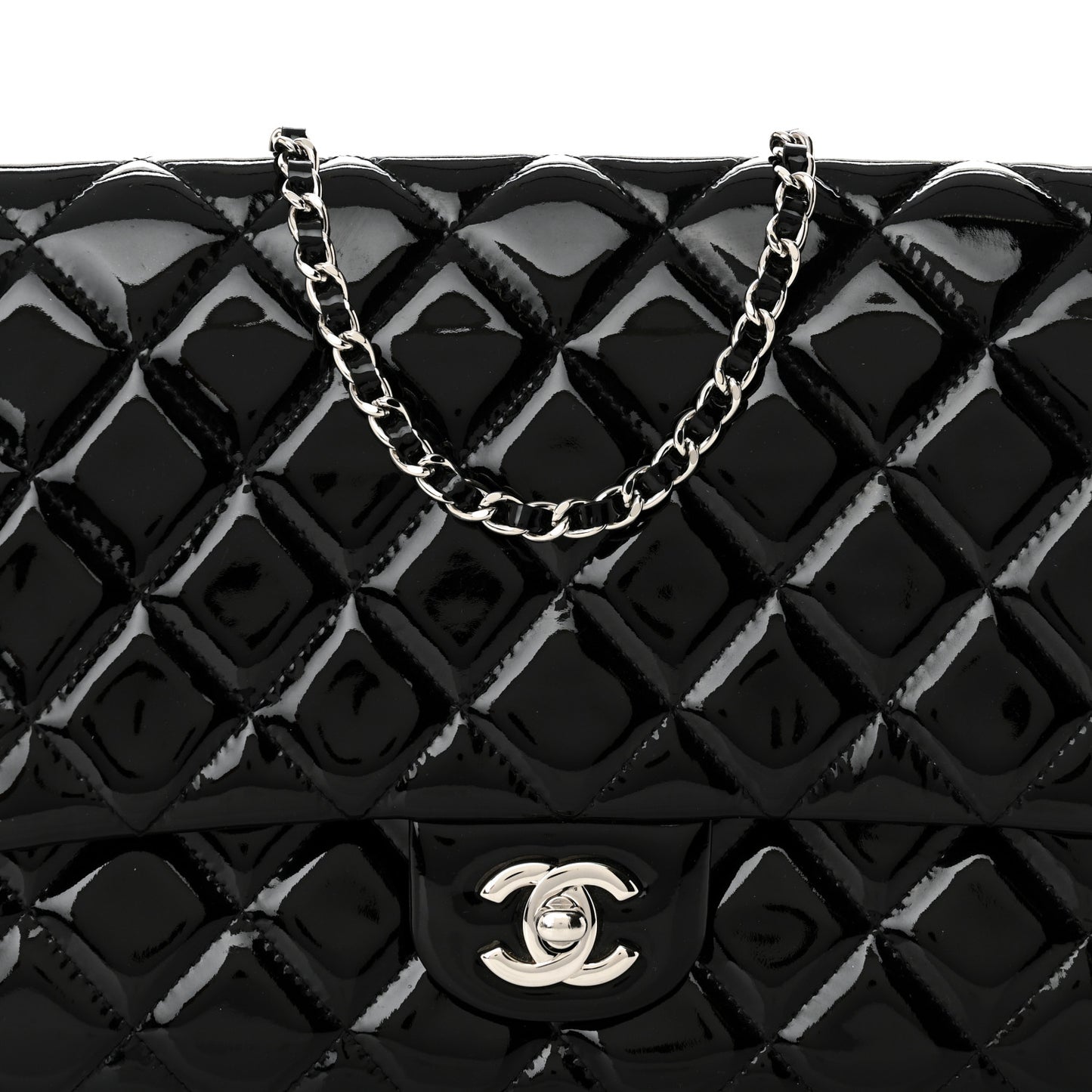 Patent Quilted Clutch with Chain Flap Black