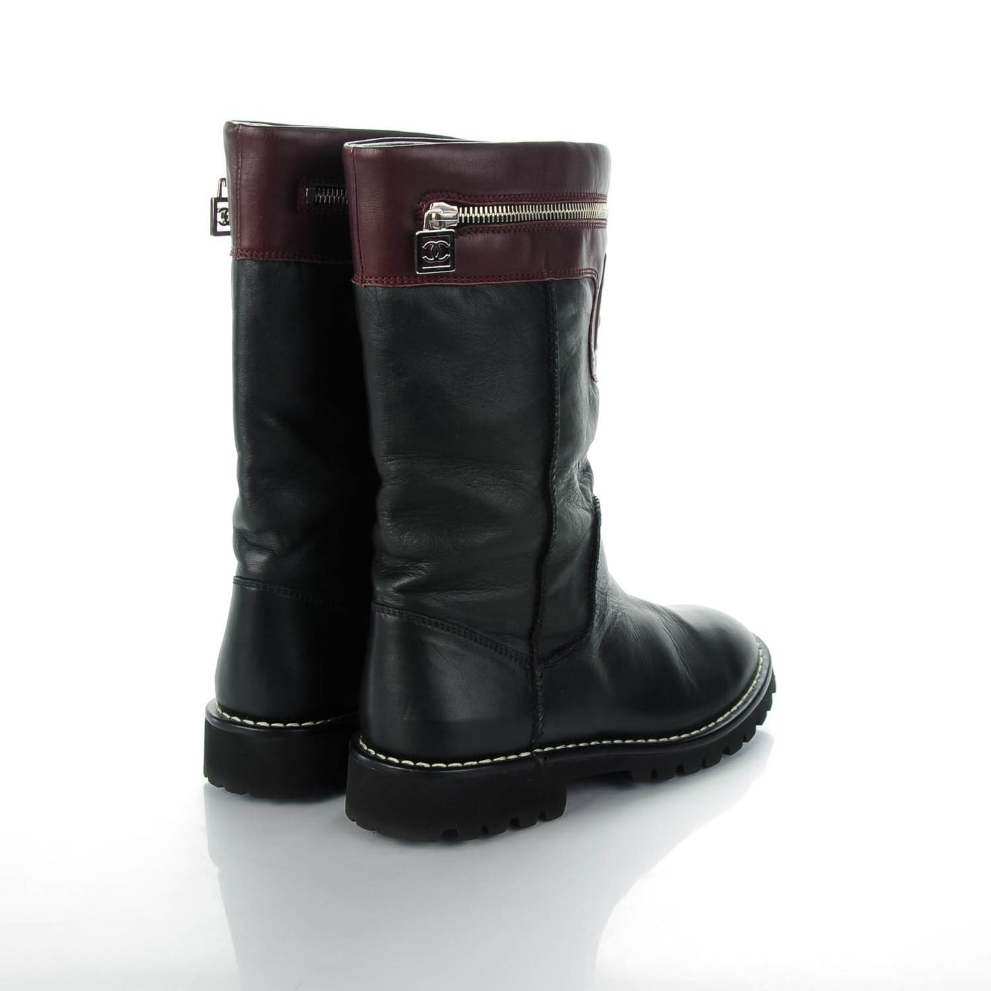 Calfskin Motorcycle Zipper Boots 37.5 Black Burgundy
