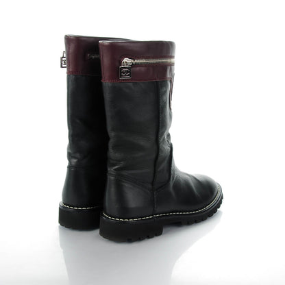 Chanel Calfskin Motorcycle Zipper Boots 37.5 Black Burgundy 4 of 8