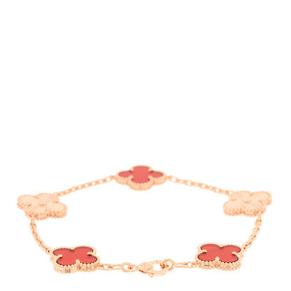 Van Cleef & Arpels 18K Rose Gold Carnelian 5 Motifs Guilloche Vintage Alhambra Bracelet 2 of 4