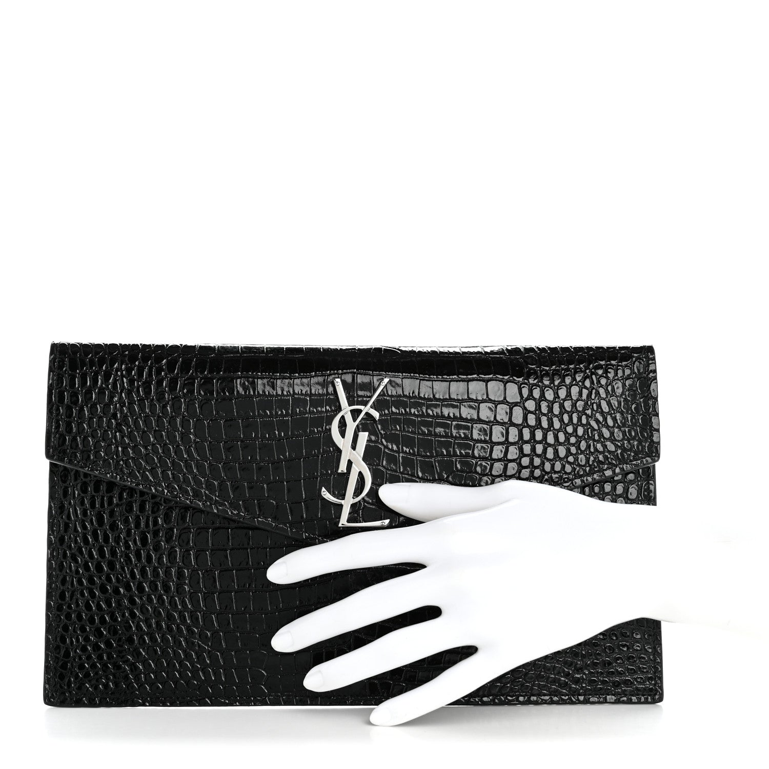 Saint Laurent Calfskin Crocodile Embossed Uptown Monogram Pouch Black 2 of 7