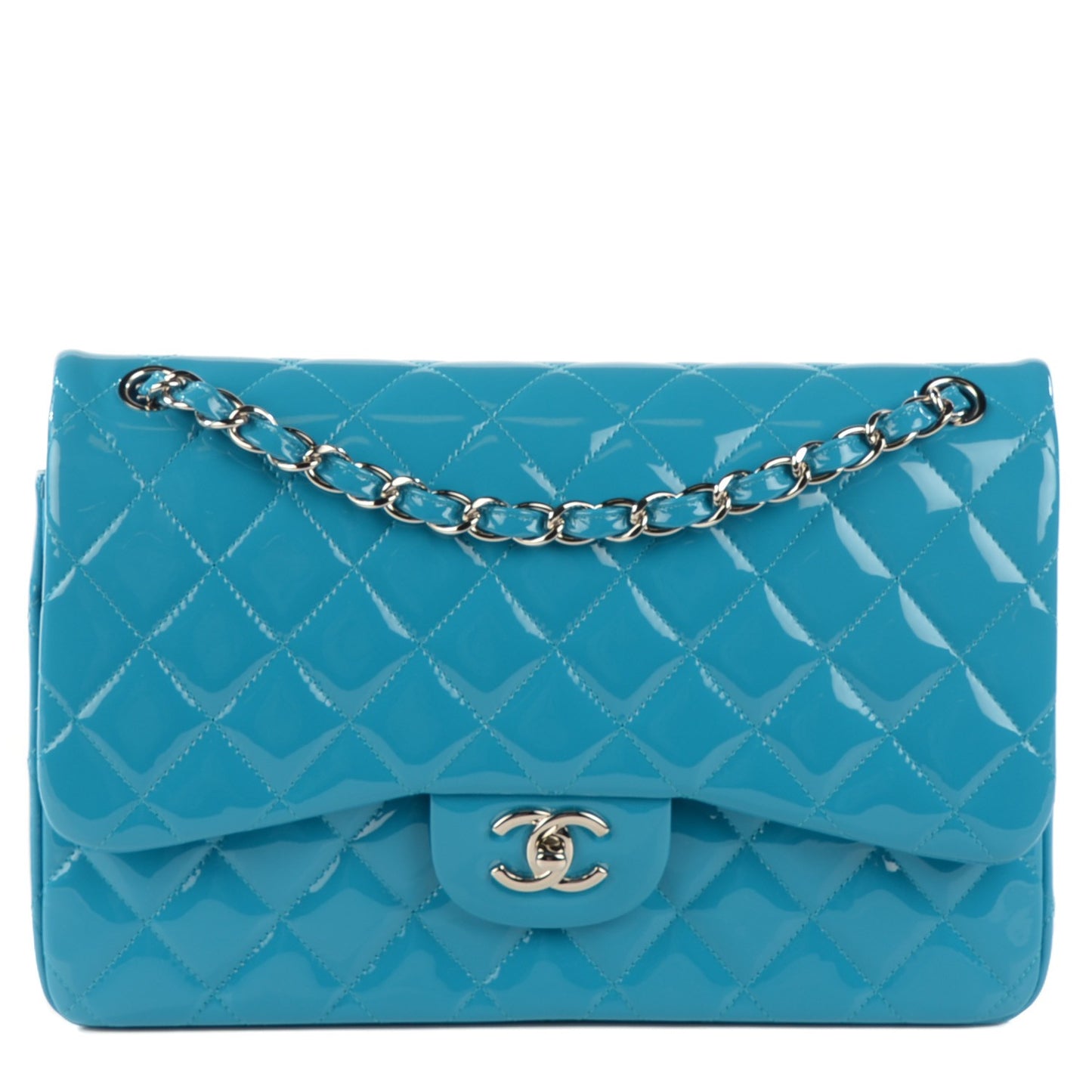 Patent Calfskin Quilted Jumbo Double Flap Turquoise