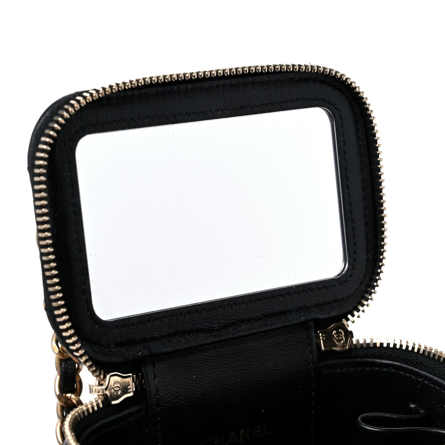 Lambskin Quilted Metal Mini Top Handle Vanity Case With Chain Black