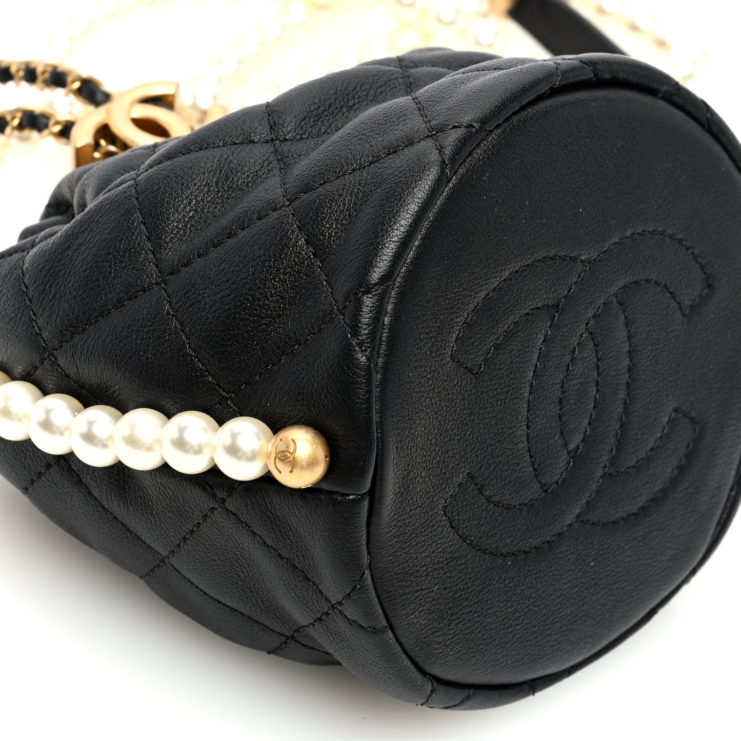 Calfskin Quilted Pearl Mini About Pearls Drawstring Bucket Bag Black