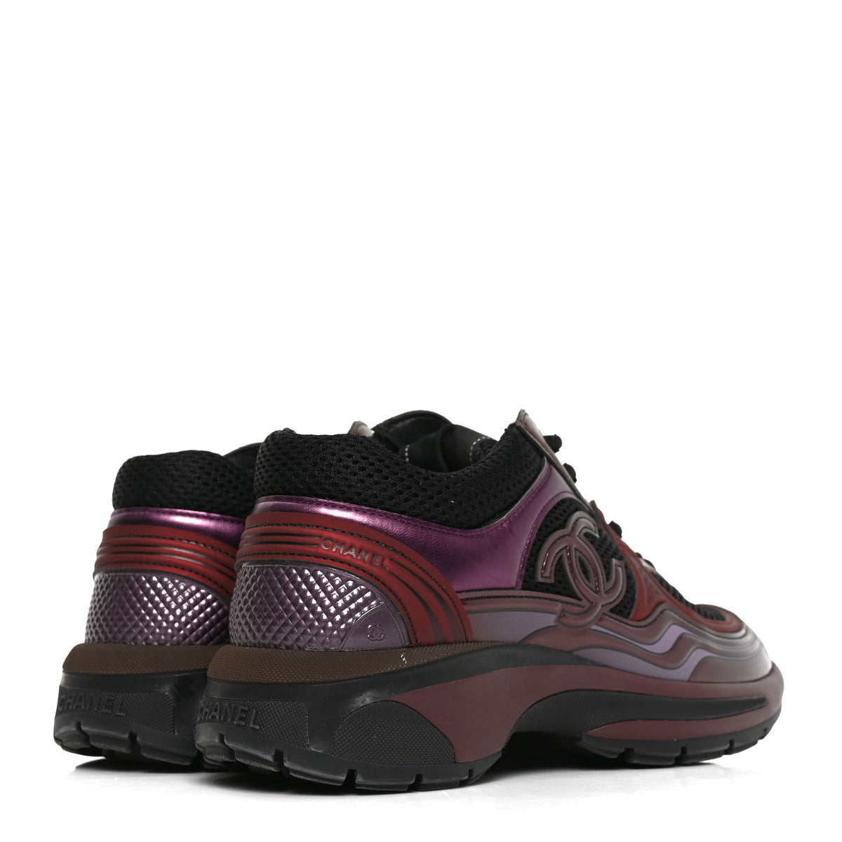 Fabric Laminated Calfskin Stretch CC Womens Sneakers 36 Black Purple Burgundy