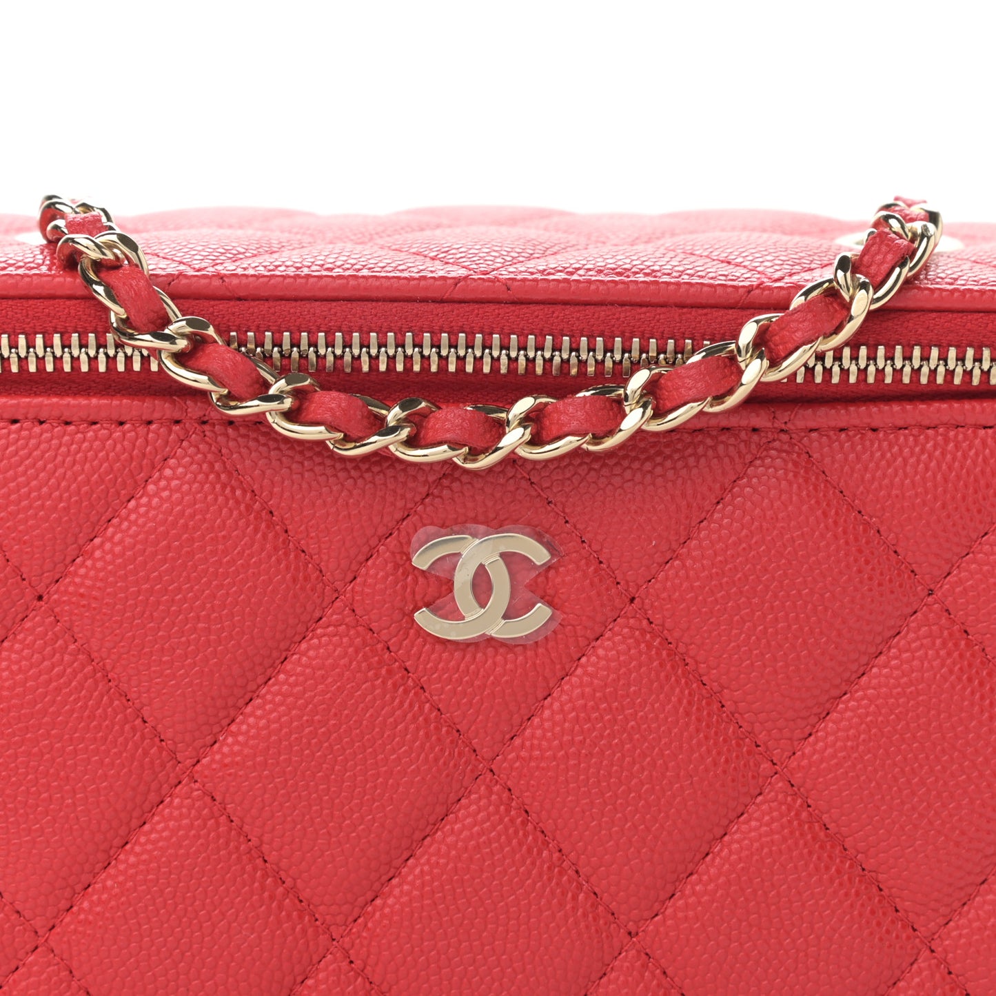 Caviar Quilted Small Vanity Case With Chain Red