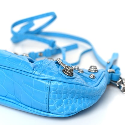 Balenciaga Extra Supple Calfskin Crocodile Embossed Crystal Mini Le Cagole Purse With Chain Cyan 9 of 9