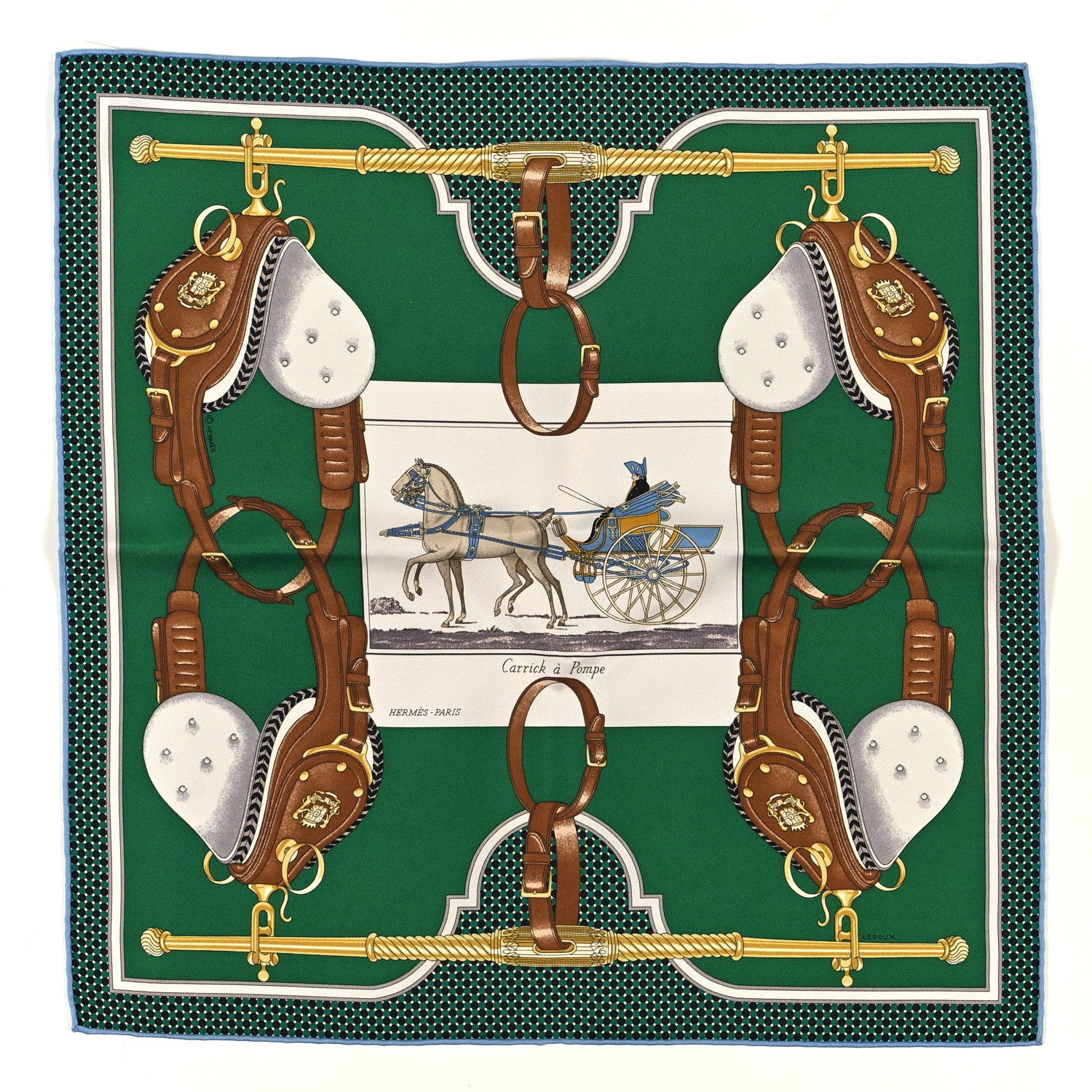 Hermes Silk Carrick a Pompe Pocket Square  Vert Anglais White 1 of 3