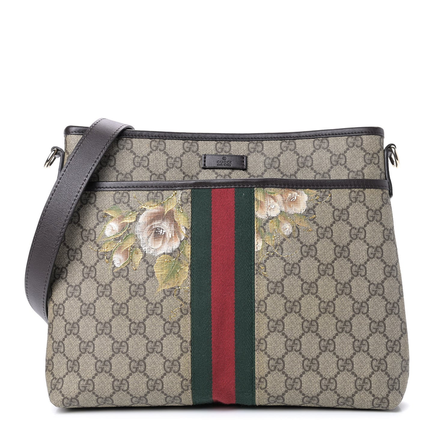 GG Monogram Web Flat Messenger Floral Bag Dark Brown