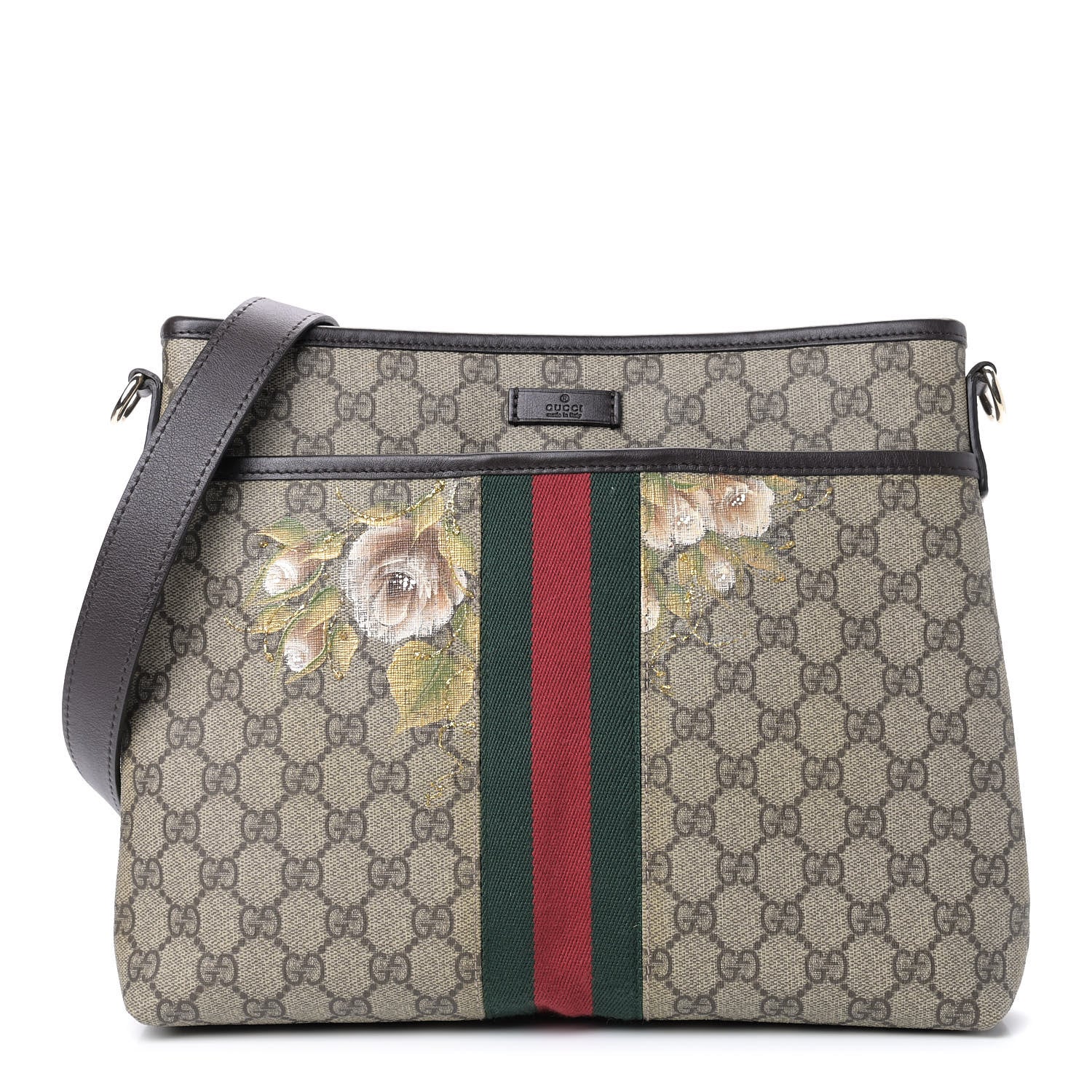 Gucci GG Monogram Web Flat Messenger Floral Bag Dark Brown 1 of 9