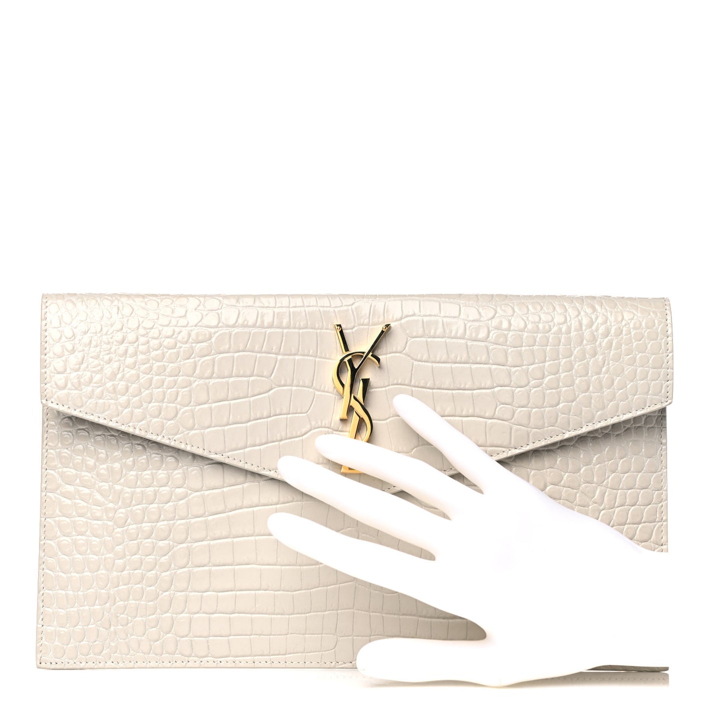 Calfskin Crocodile Embossed Uptown Monogram Pouch Crema Soft