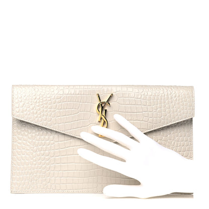 Saint Laurent Calfskin Crocodile Embossed Uptown Monogram Pouch Crema Soft 2 of 10