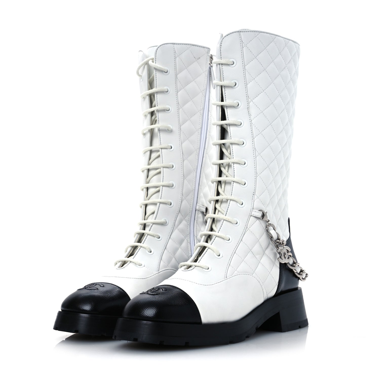 Grained Calfskin Quilted Chain Lace Up Combat Long Boots 40.5 White Black