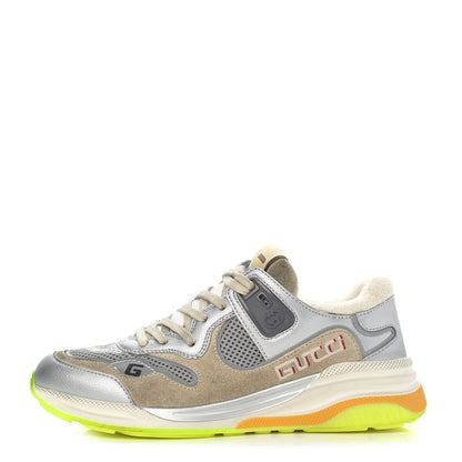 Gucci Metallic Calfskin Suede Womens Ultrapace Sneakers 37.5 Silver Oatmeal 1 of 7