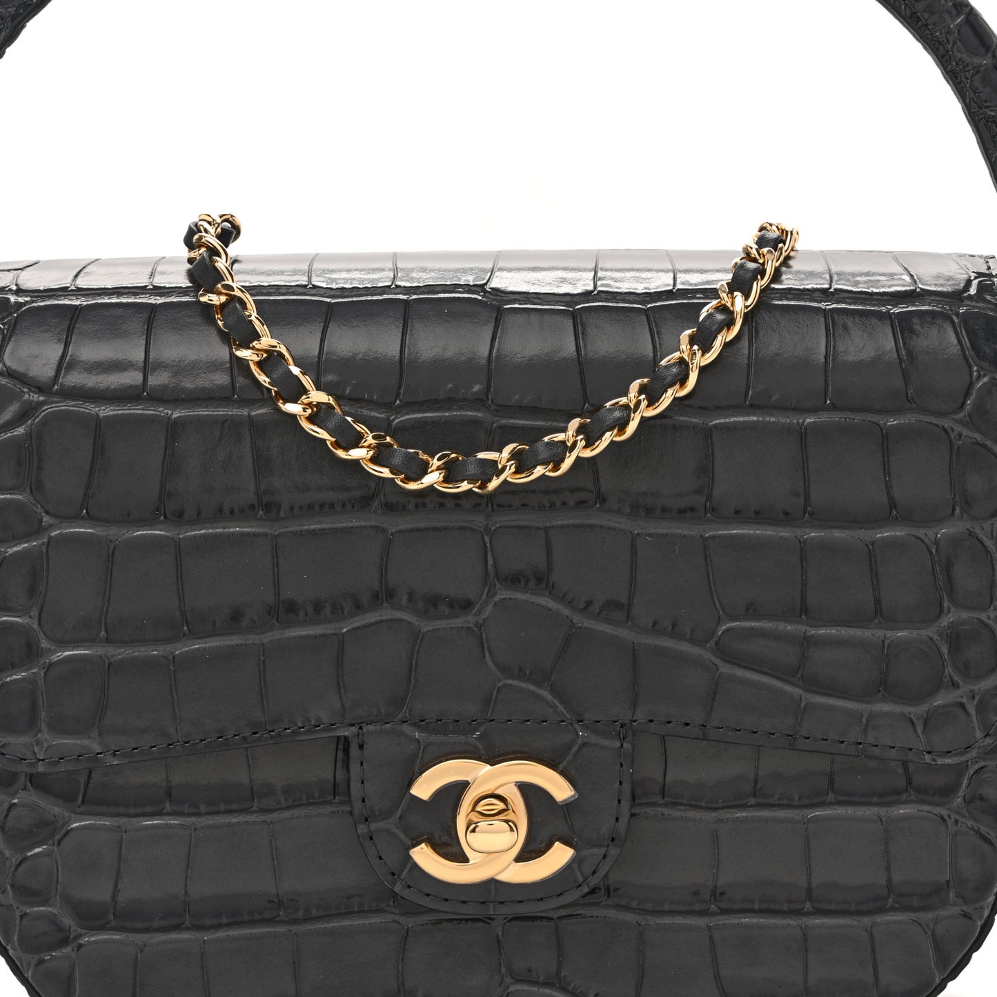 Calfskin Crocodile Embossed Turn Around Mini Flap Dark Grey
