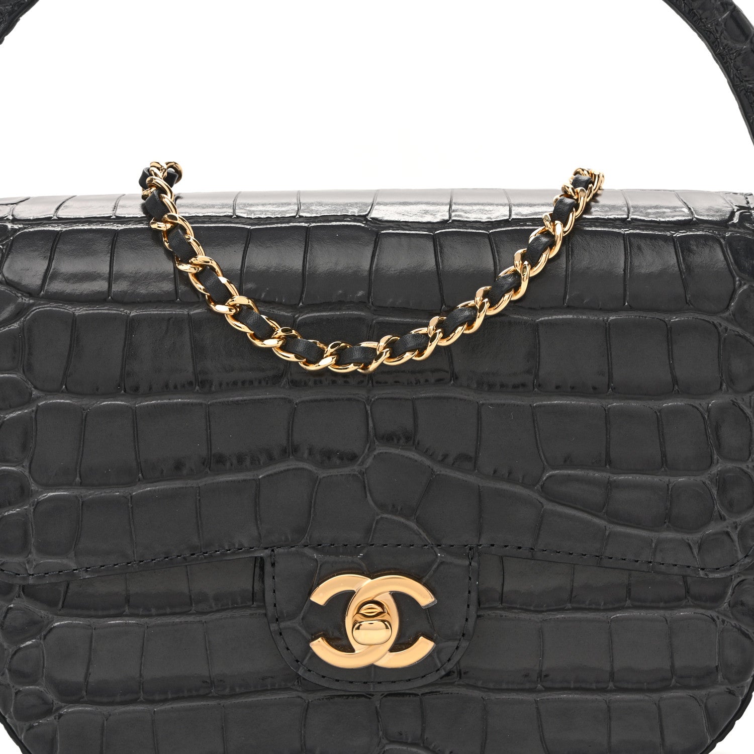 Chanel Calfskin Crocodile Embossed Turn Around Mini Flap Dark Grey 8 of 11