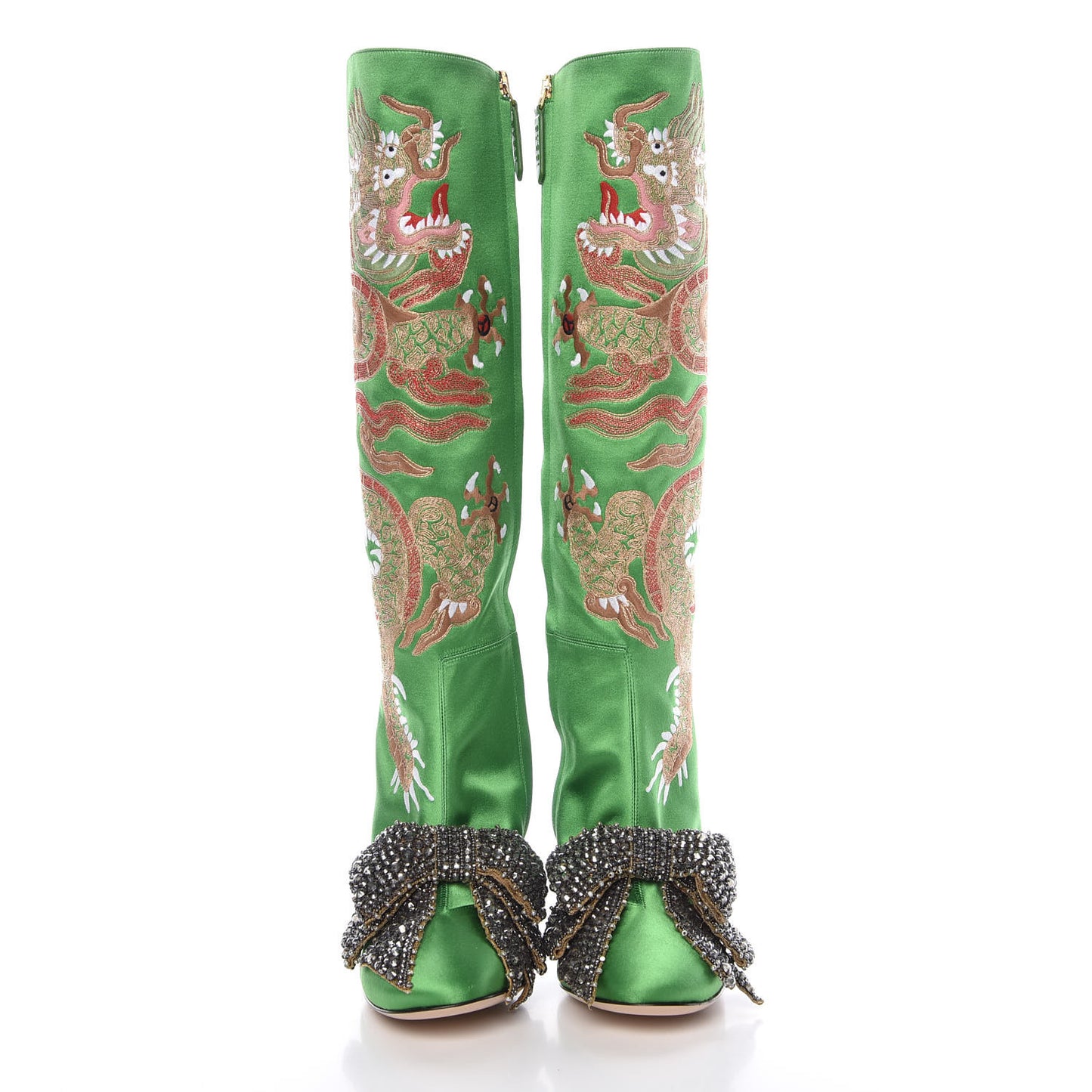 Silk Satin Malaga Kid Embroidered Candy Dragon Block-Heel Knee Boot 37 Palm