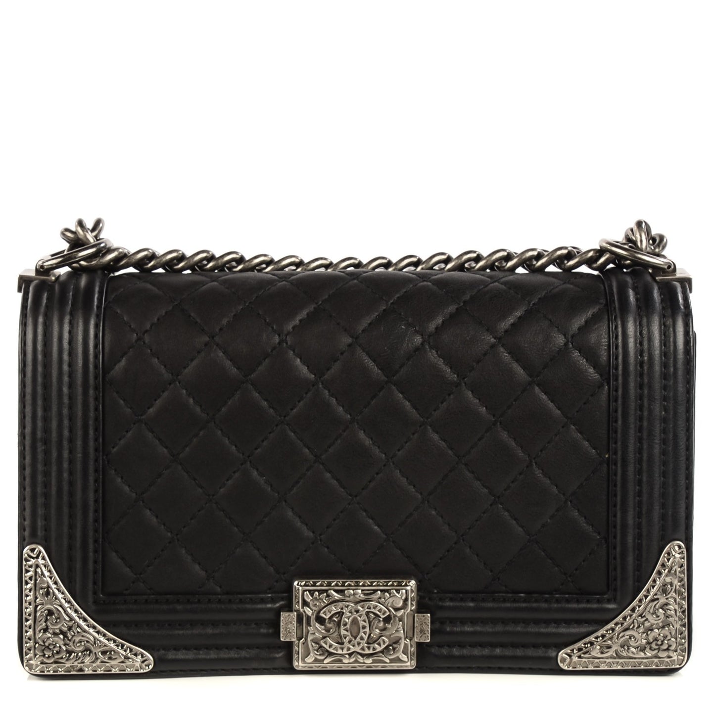 Calfskin Quilted Embellished Metal Medium Boy Flap Black