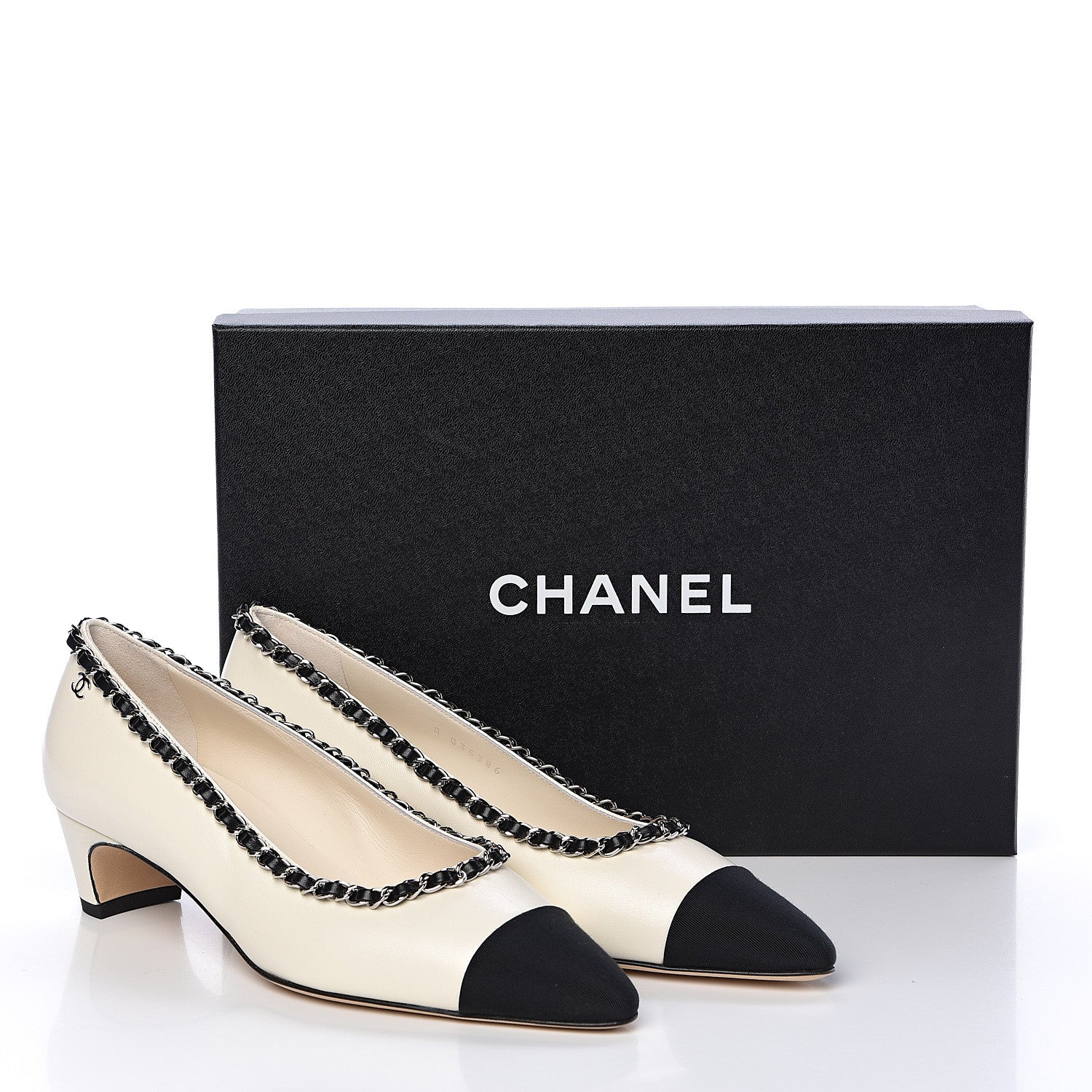 Chanel Lambskin Grosgrain Chain Cap Toe Pumps 38 Ivory Black 8 of 8