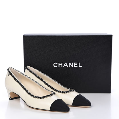 Chanel Lambskin Grosgrain Chain Cap Toe Pumps 38 Ivory Black 8 of 8