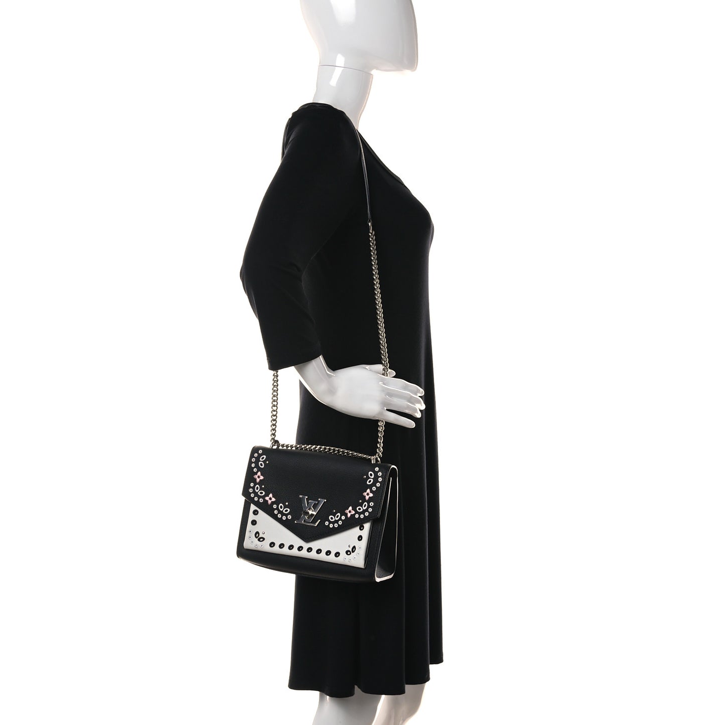 Soft Calfskin Embroidered My Lockme Chain Bag BB Black Snow White