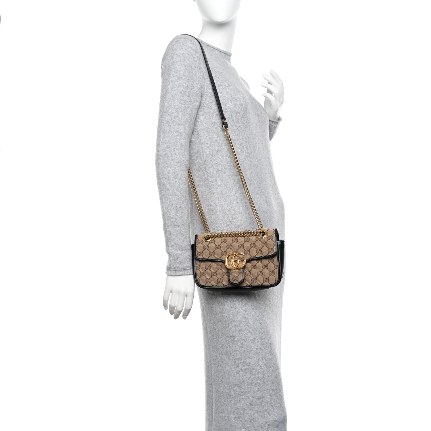 Gucci Monogram Matelasse Diagonal Mini GG Marmont Shoulder Bag Beige Black 3 of 13