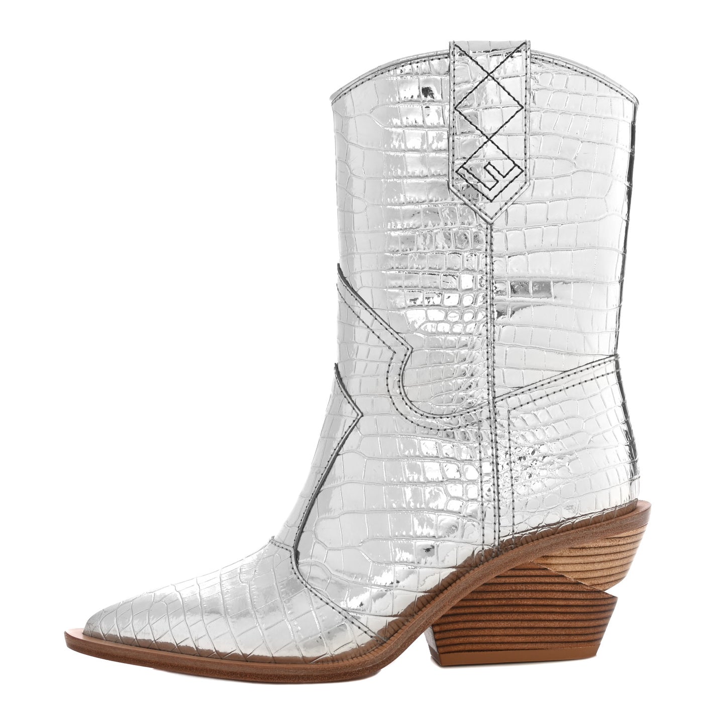 Metallic Calfskin Crocodile Embossed Cutwalk Ankle Boots 36 Silver