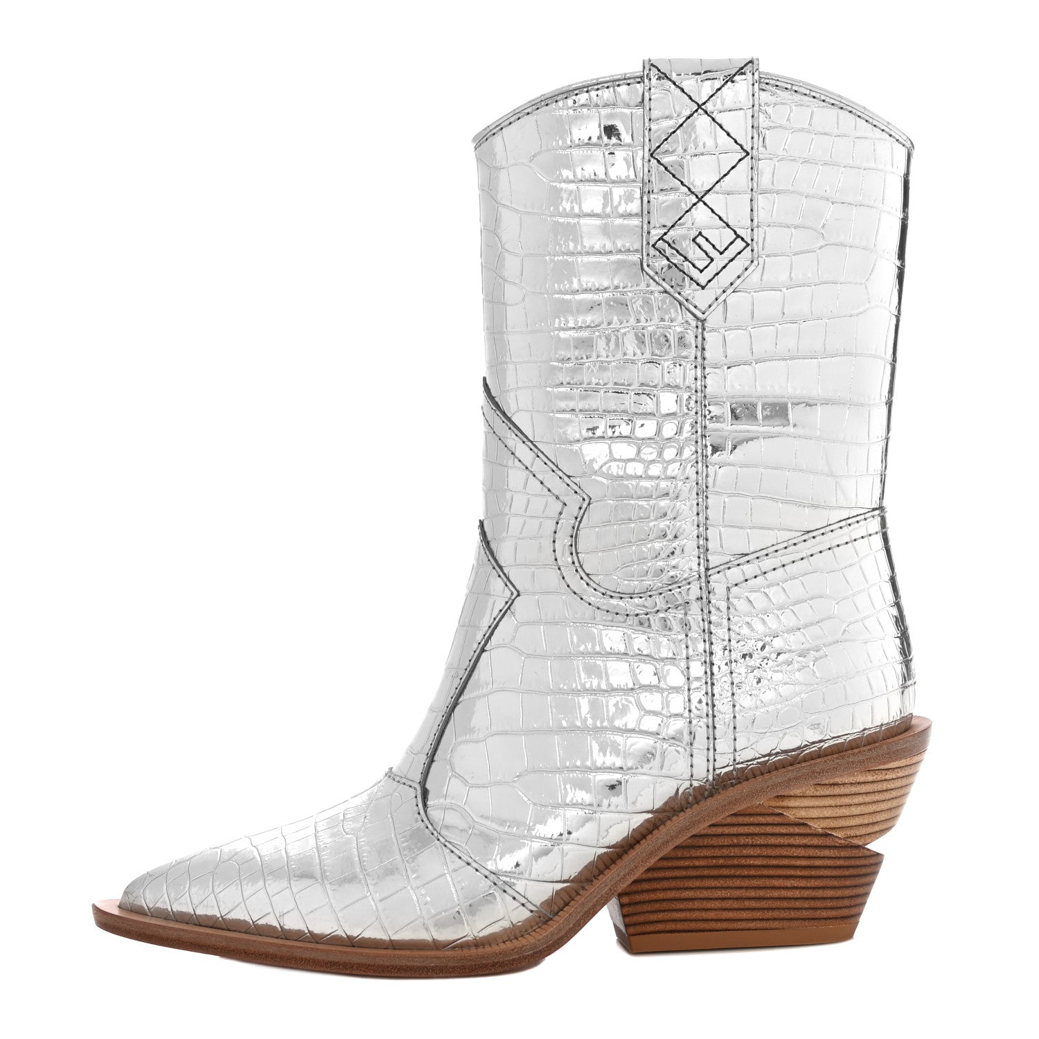Fendi Metallic Calfskin Crocodile Embossed Cutwalk Ankle Boots 36 Silver 1 of 10