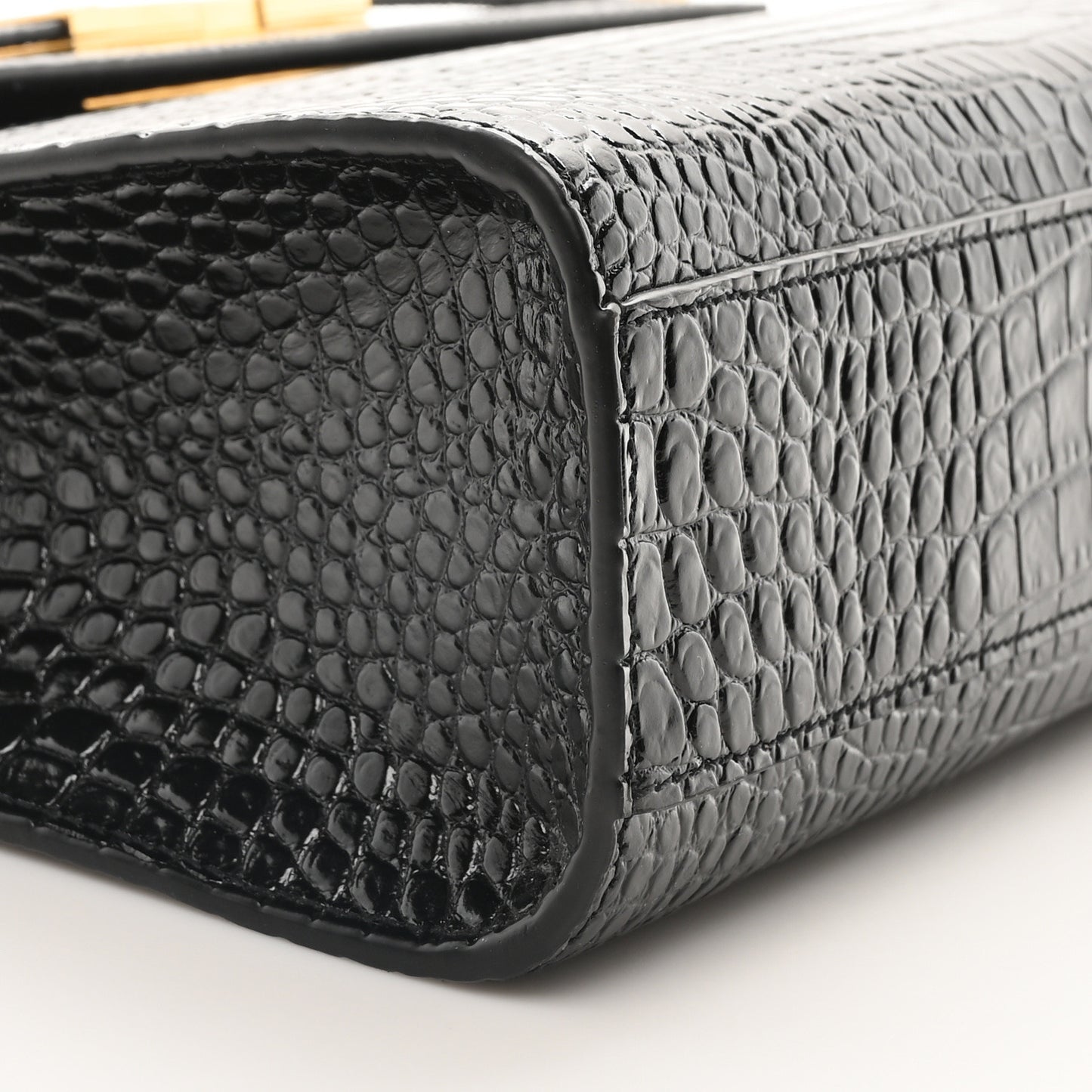 Shiny Calfskin Crocodile Embossed Manhattan Baguette Black