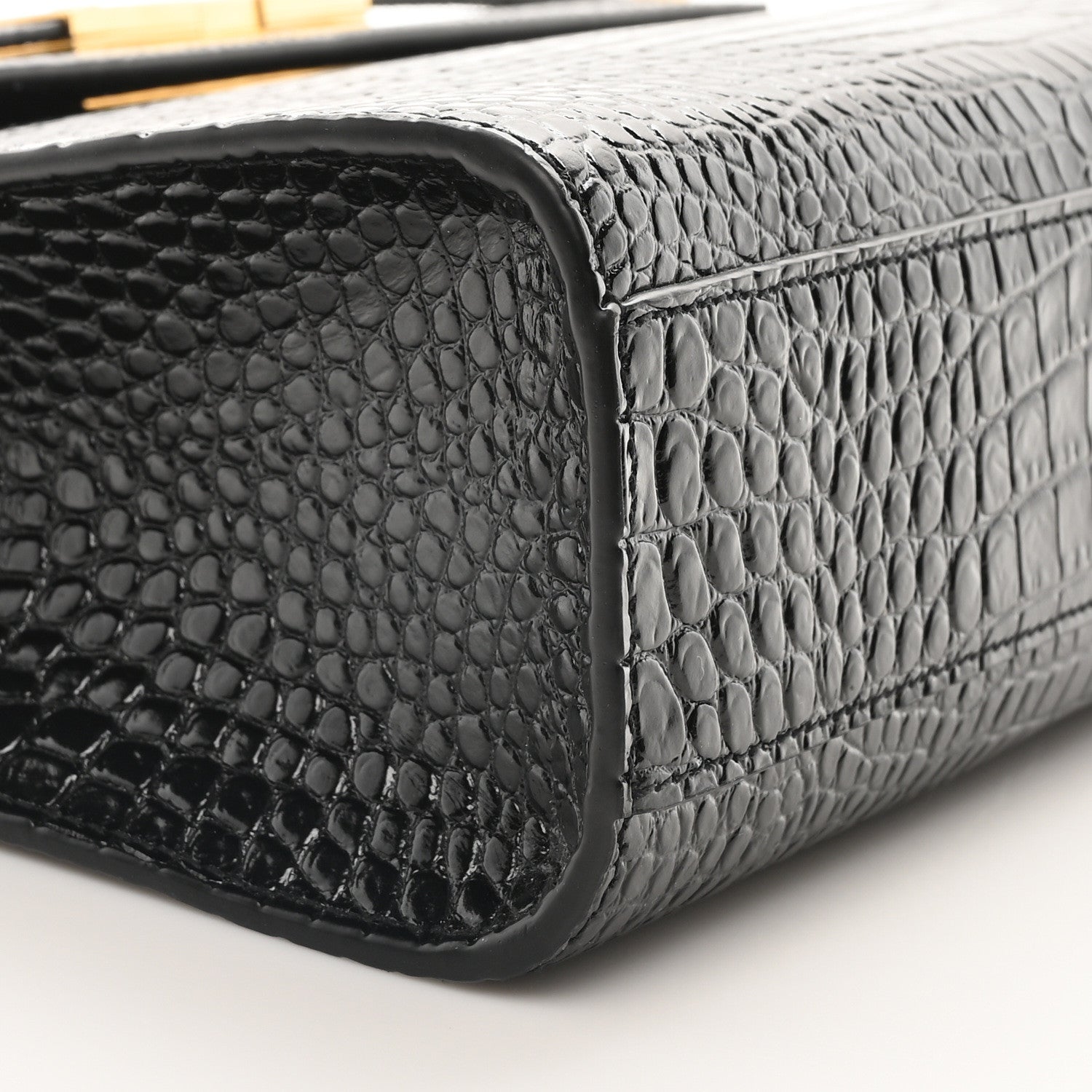 Saint Laurent Shiny Calfskin Crocodile Embossed Manhattan Baguette Black 9 of 10