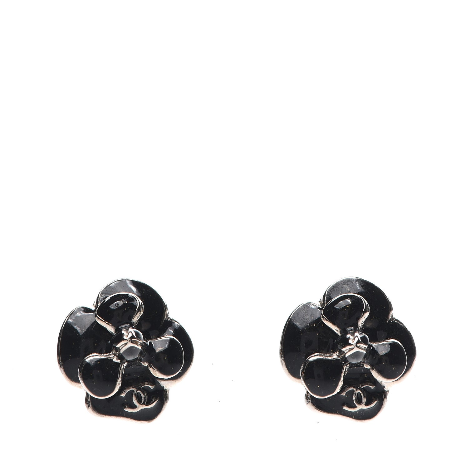 Enamel Flower CC Earrings Black Gold