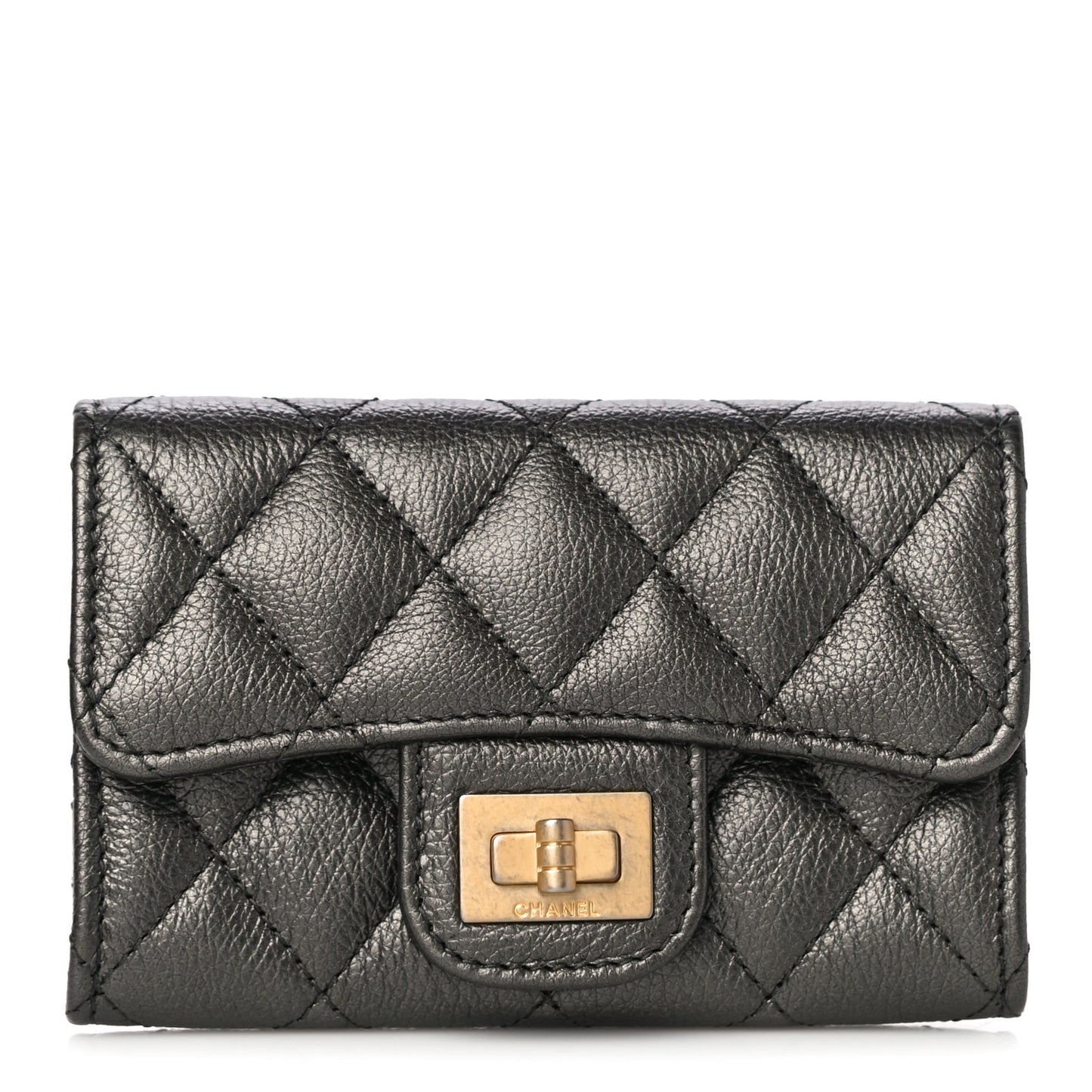 Metallic Calfskin Quilted Reissue Flap Card Holder Charcoal