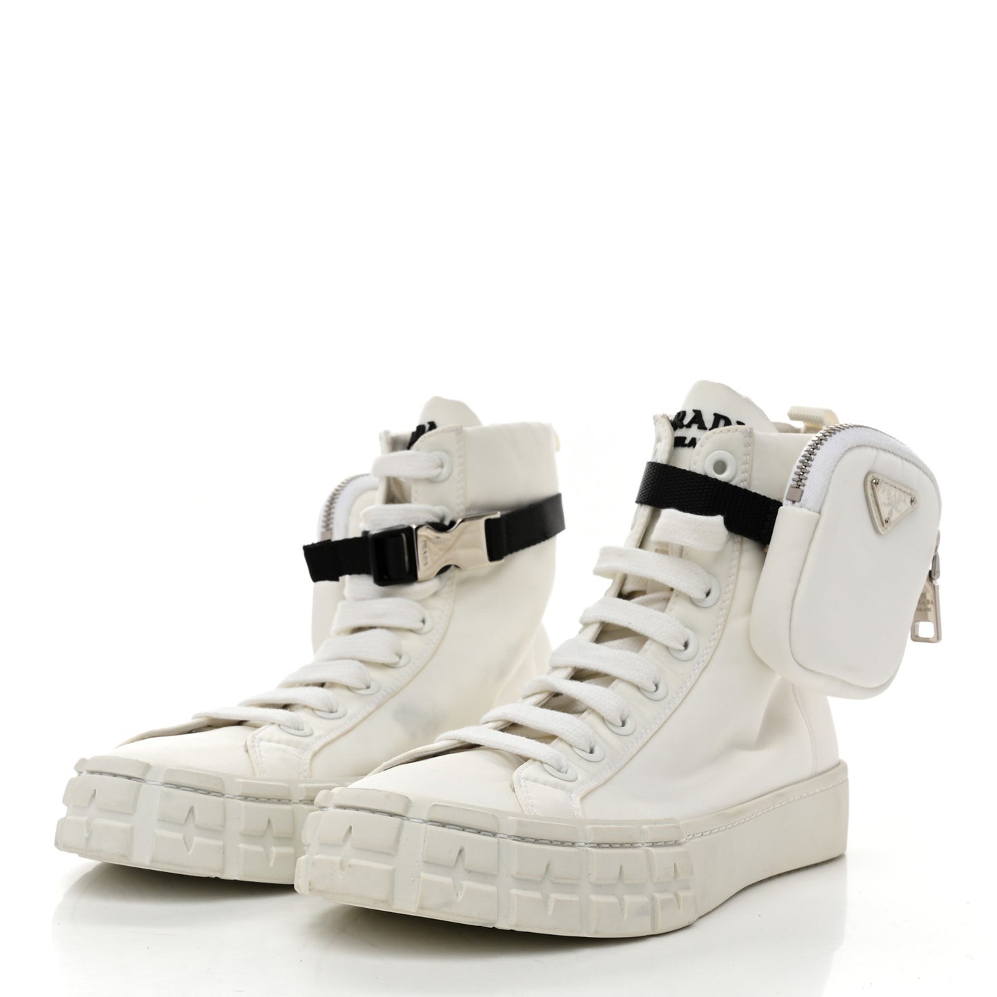 Re-Nylon Gabardine Metal Triangle Logo Wheel Pouch Pocket High Top Sneakers 38.5 White