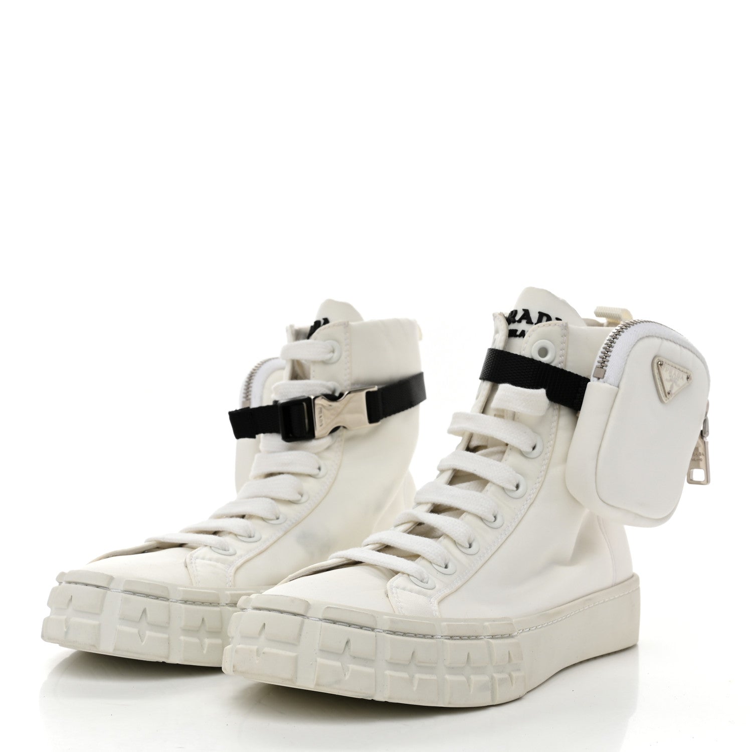 Prada Re-Nylon Gabardine Metal Triangle Logo Wheel Pouch Pocket High Top Sneakers 38.5 White 4 of 9