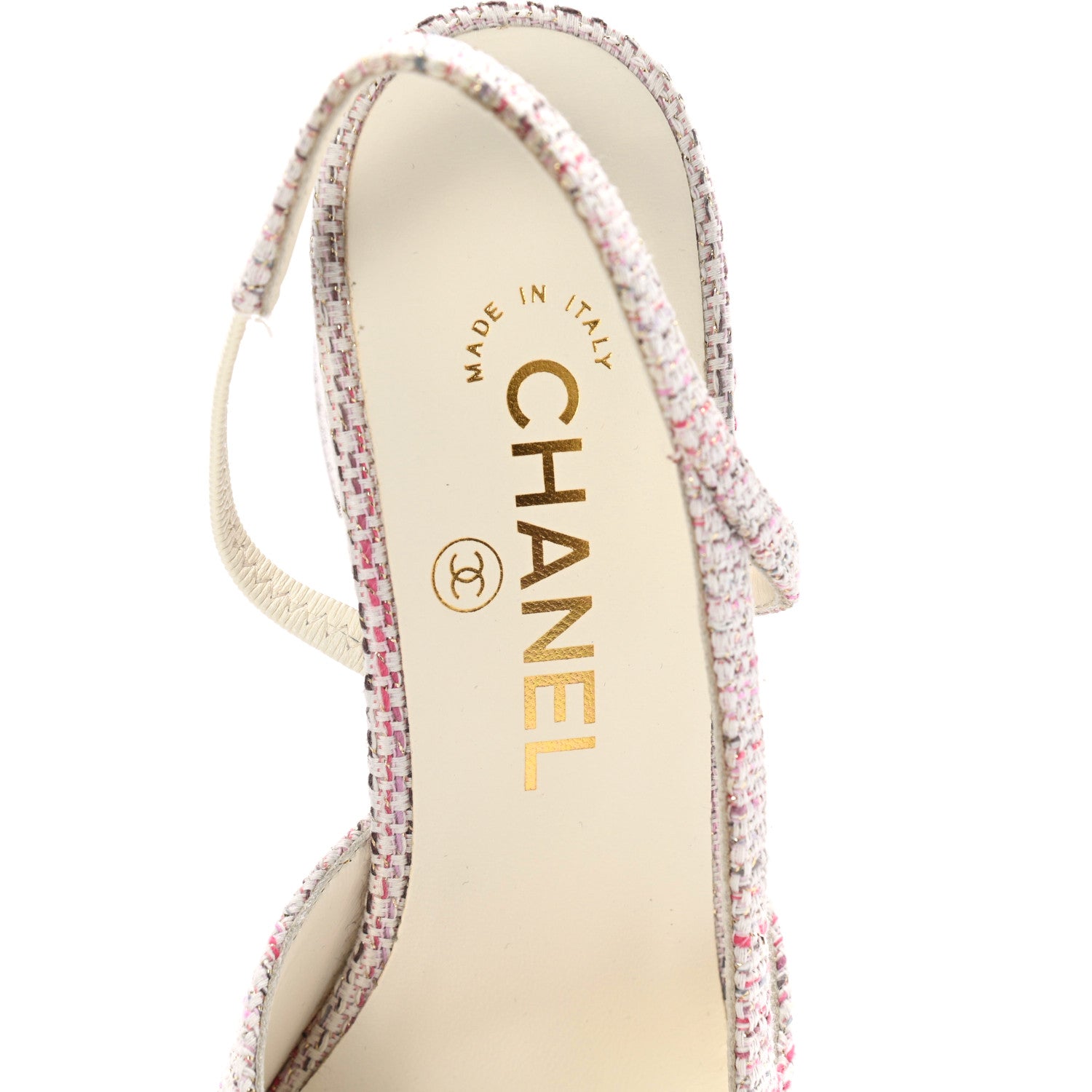 Chanel Tweed Patent Cap Toe CC Slingback Pumps 37.5 Pink White 7 of 10