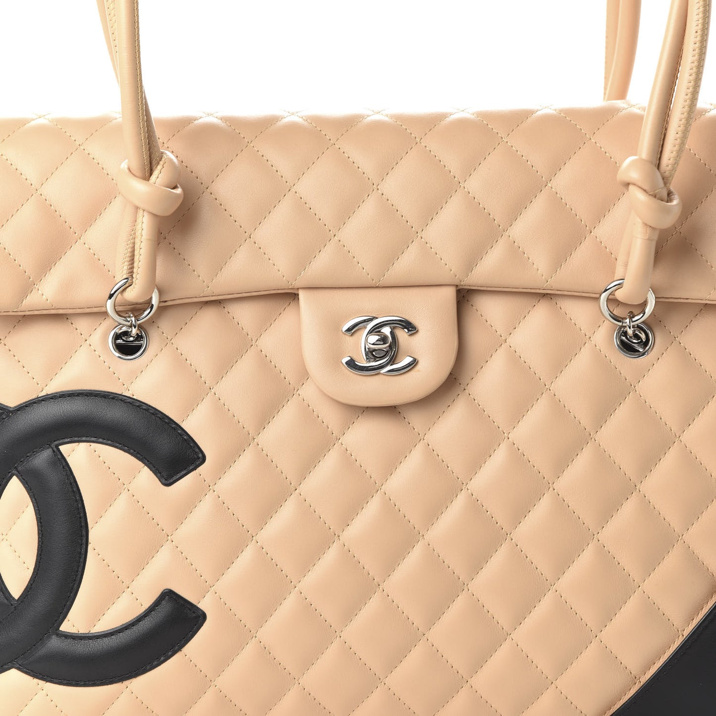 Calfskin Quilted Large Cambon Flap Beige Black