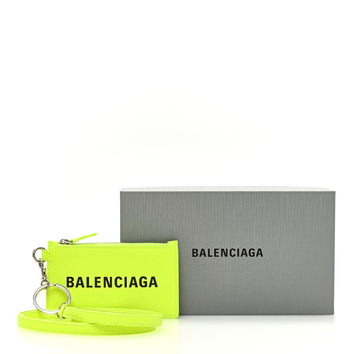 Grained Calfskin Logo Cash Coin Card Holder On Keychain Fluo Yellow Black