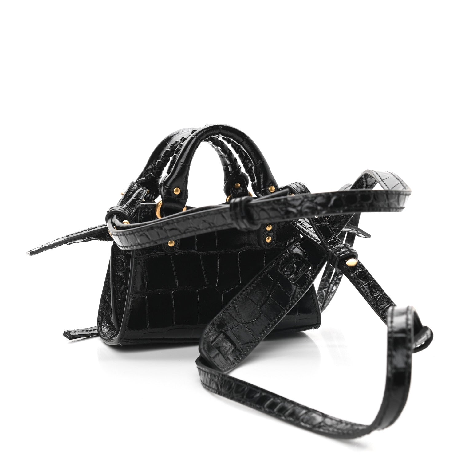 Balenciaga Shiny Supple Calfskin Crocodile Embossed Neo Classic Gold Hardware Super Nano City Crossbody Black 3 of 8